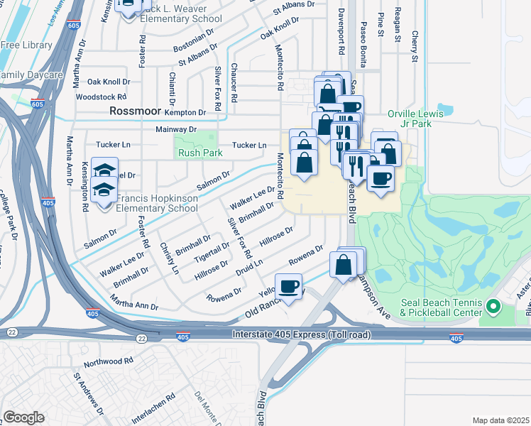 map of restaurants, bars, coffee shops, grocery stores, and more near 3232 Brimhall Drive in Rossmoor