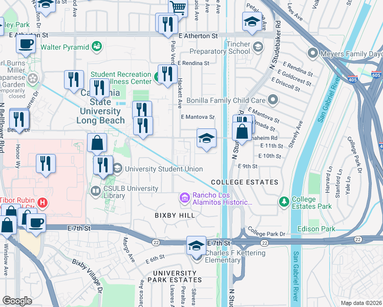 map of restaurants, bars, coffee shops, grocery stores, and more near 1032 Palo Verde Avenue in Long Beach