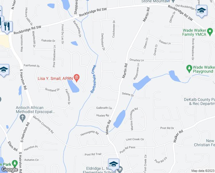 map of restaurants, bars, coffee shops, grocery stores, and more near 5090 North Woodbridge Trail in Stone Mountain