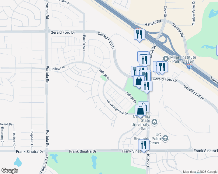 map of restaurants, bars, coffee shops, grocery stores, and more near 41108 Emory Lane in Palm Desert