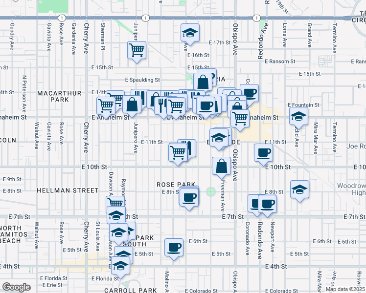 map of restaurants, bars, coffee shops, grocery stores, and more near 1087 Temple Avenue in Long Beach