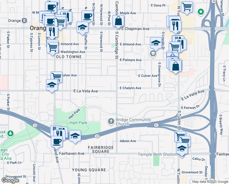 map of restaurants, bars, coffee shops, grocery stores, and more near 836 East La Veta Avenue in Orange