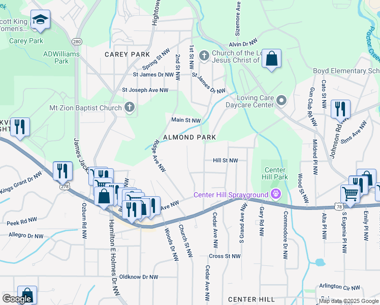 map of restaurants, bars, coffee shops, grocery stores, and more near 914 Hall Street Northwest in Atlanta