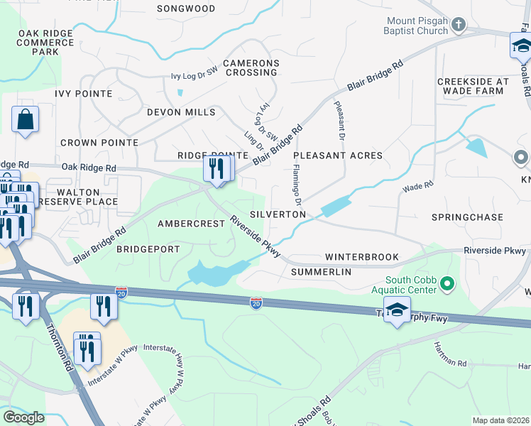 map of restaurants, bars, coffee shops, grocery stores, and more near 7263 Silverton Trail in Austell