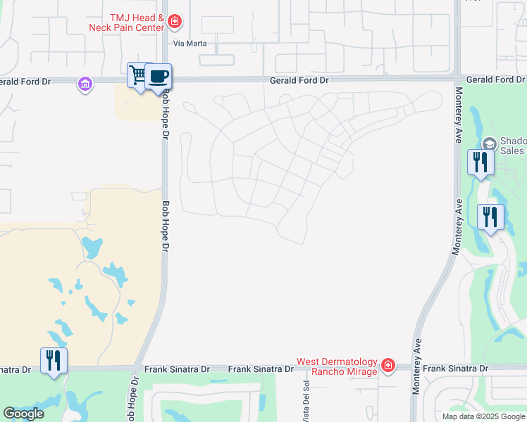 map of restaurants, bars, coffee shops, grocery stores, and more near 71 Harmonious Drive in Rancho Mirage