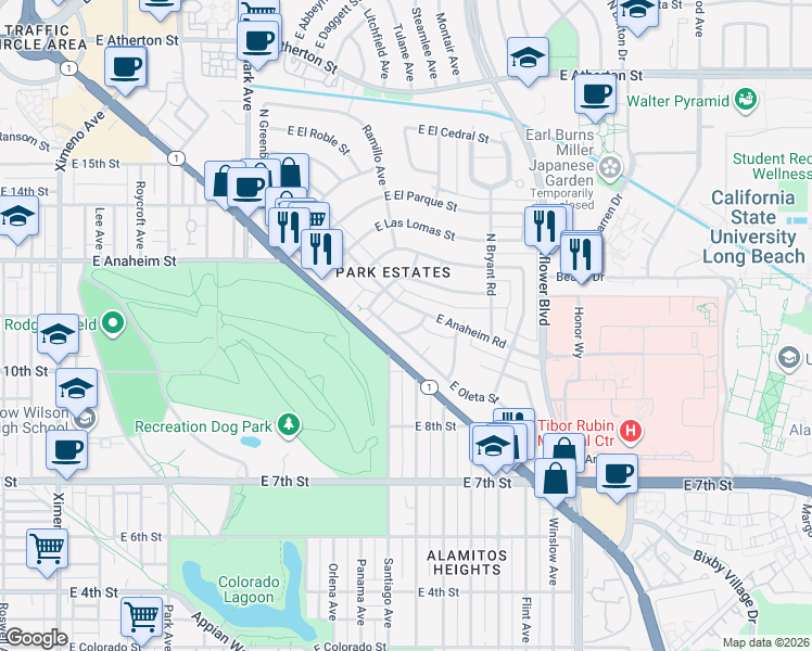 map of restaurants, bars, coffee shops, grocery stores, and more near 5432 East Oleta Street in Long Beach