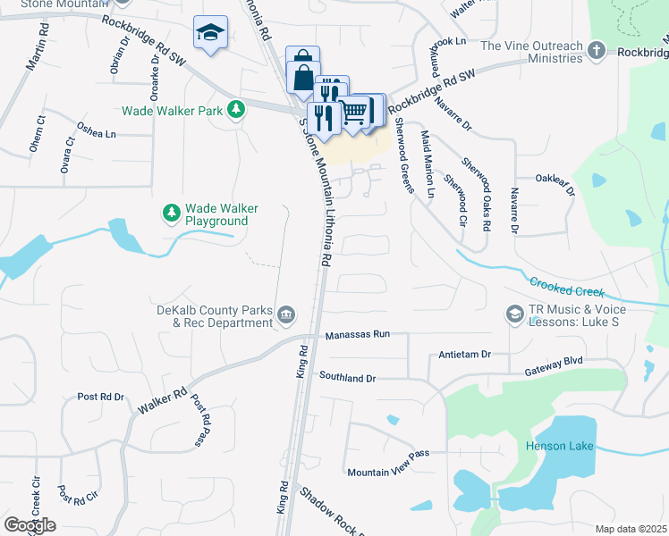 map of restaurants, bars, coffee shops, grocery stores, and more near 5706 Mountain Crescent in Stone Mountain