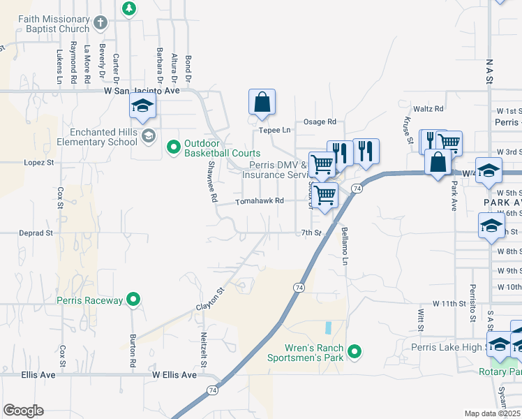 map of restaurants, bars, coffee shops, grocery stores, and more near in Perris