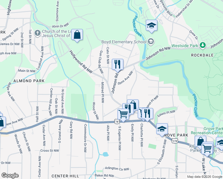 map of restaurants, bars, coffee shops, grocery stores, and more near 9 Sumlin Avenue Northwest in Atlanta