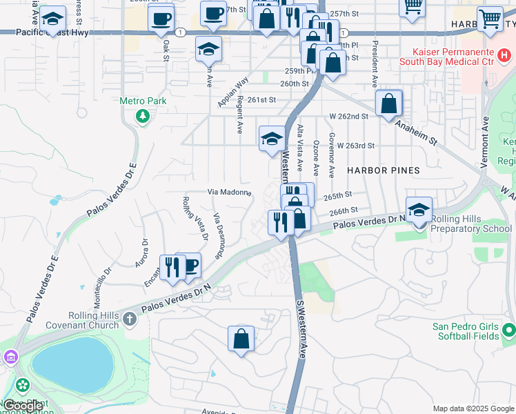 map of restaurants, bars, coffee shops, grocery stores, and more near 26418 Via Marquette in Lomita