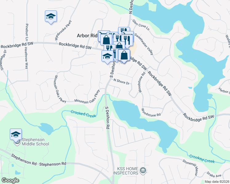 map of restaurants, bars, coffee shops, grocery stores, and more near 7129 Biltmore Way in Lithonia