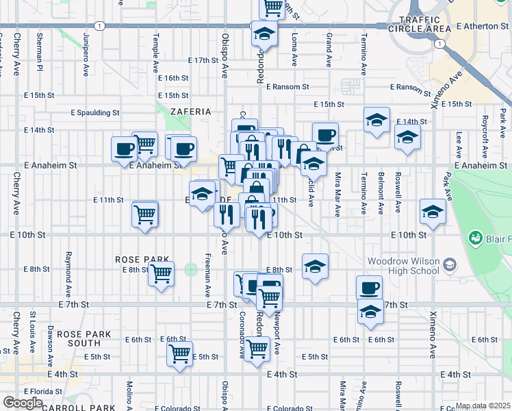 map of restaurants, bars, coffee shops, grocery stores, and more near 1054 Redondo Avenue in Long Beach