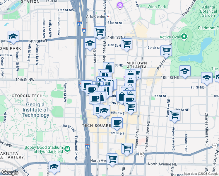 map of restaurants, bars, coffee shops, grocery stores, and more near 915 West Peachtree Street Northwest in Atlanta