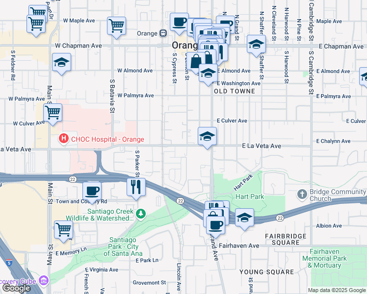 map of restaurants, bars, coffee shops, grocery stores, and more near 230 West La Veta Avenue in Orange