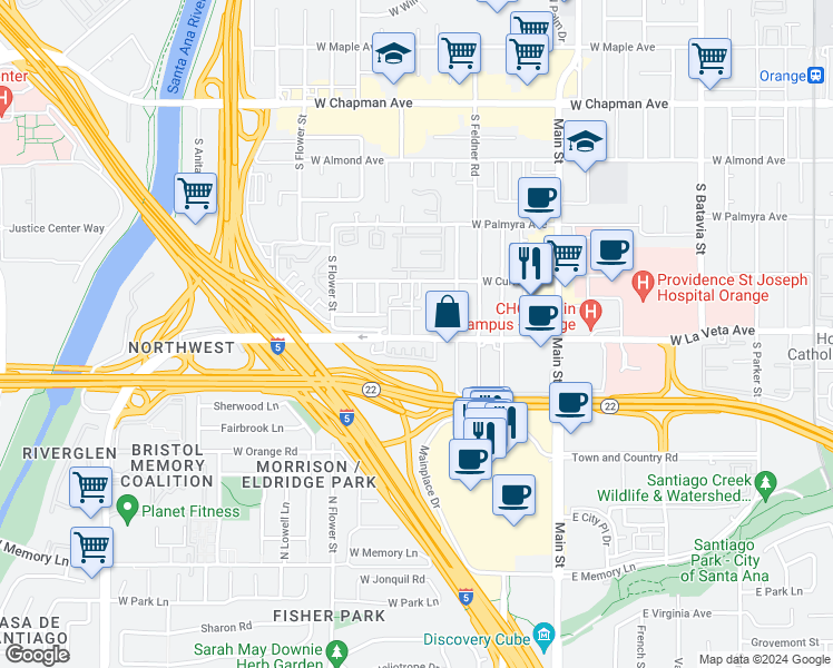 map of restaurants, bars, coffee shops, grocery stores, and more near 1908 West La Veta Avenue in Orange