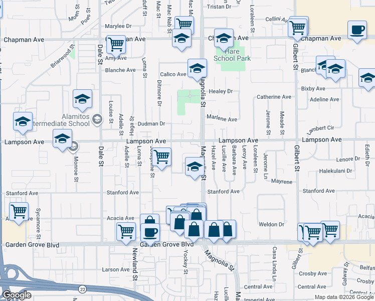 map of restaurants, bars, coffee shops, grocery stores, and more near 8922 Mary Hill Drive in Garden Grove