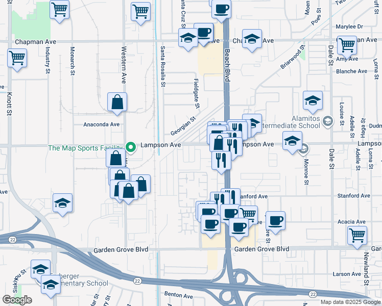 map of restaurants, bars, coffee shops, grocery stores, and more near 12571 Orrway Drive in Garden Grove