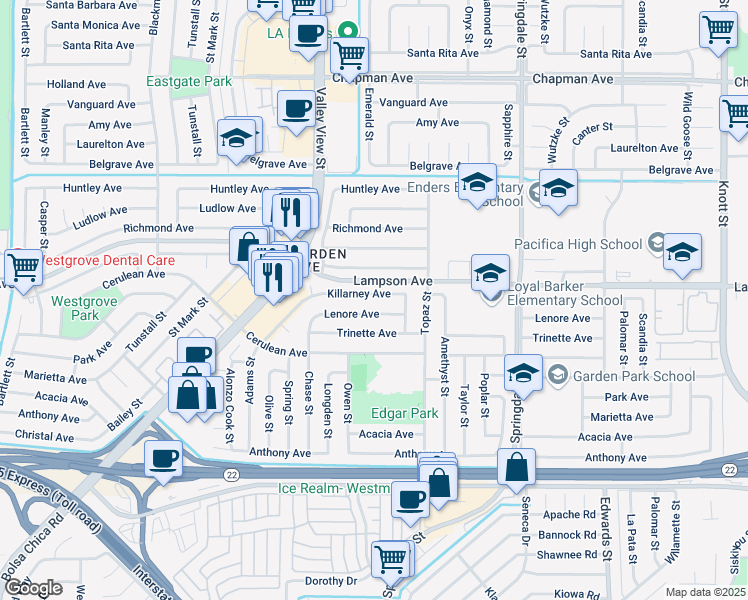map of restaurants, bars, coffee shops, grocery stores, and more near 6131 Lenore Avenue in Garden Grove