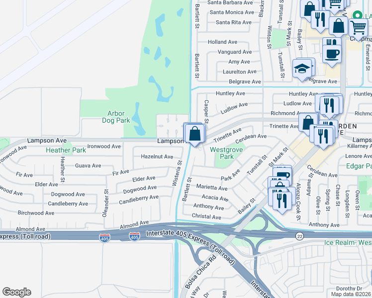 map of restaurants, bars, coffee shops, grocery stores, and more near 3901 Wisteria Street in Seal Beach