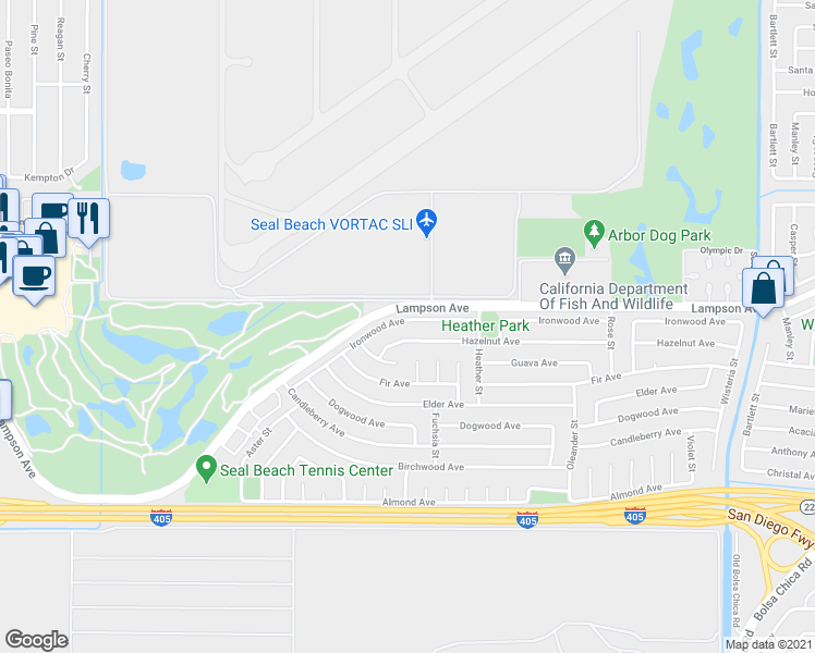 map of restaurants, bars, coffee shops, grocery stores, and more near 4325 Hazelnut Avenue in Seal Beach