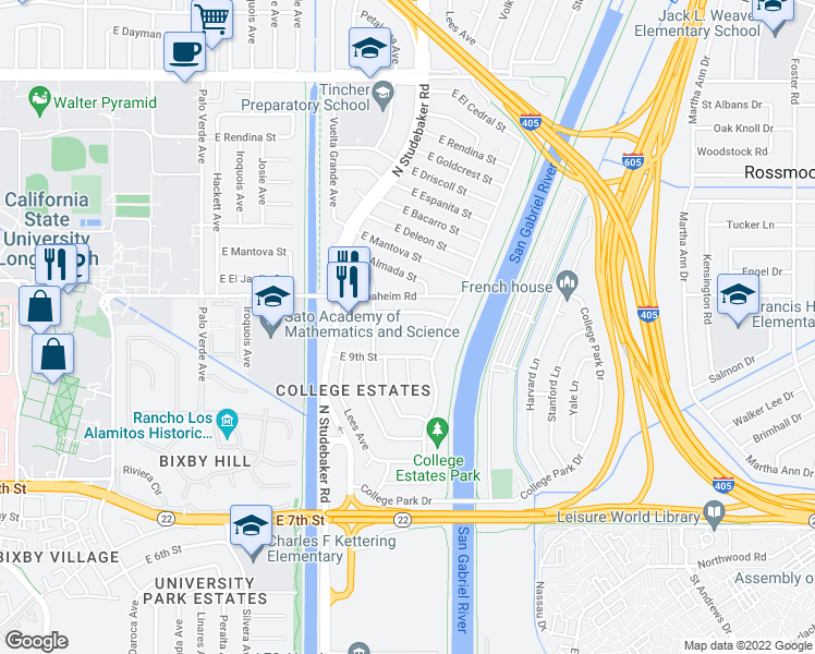 map of restaurants, bars, coffee shops, grocery stores, and more near 6880 East 10th Street in Long Beach