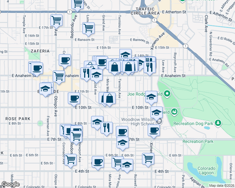map of restaurants, bars, coffee shops, grocery stores, and more near 1053 Termino Avenue in Long Beach