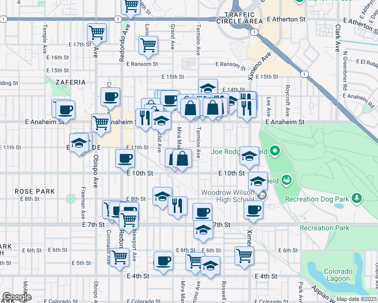 map of restaurants, bars, coffee shops, grocery stores, and more near 1053 Termino Avenue in Long Beach