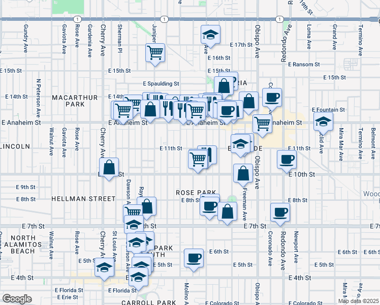 map of restaurants, bars, coffee shops, grocery stores, and more near 1050 Molino Avenue in Long Beach