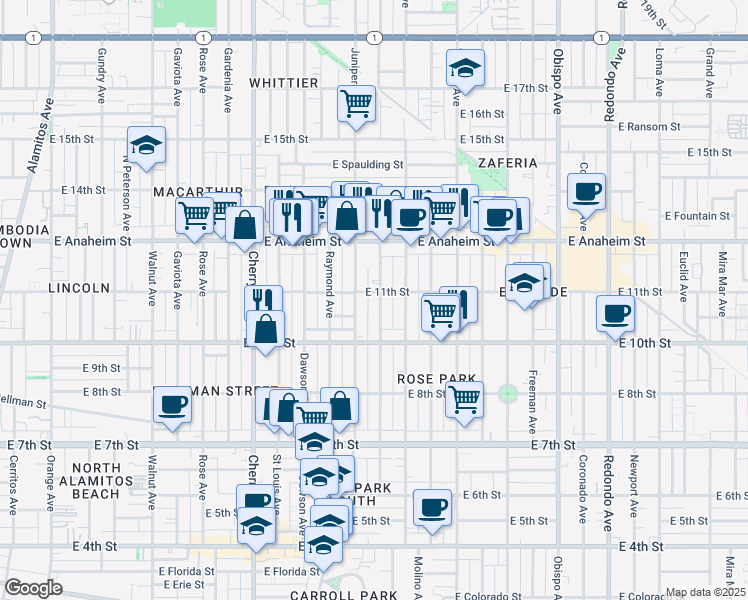 map of restaurants, bars, coffee shops, grocery stores, and more near 1051 Stanley Avenue in Long Beach
