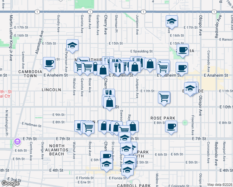 map of restaurants, bars, coffee shops, grocery stores, and more near 1054 Dawson Avenue in Long Beach