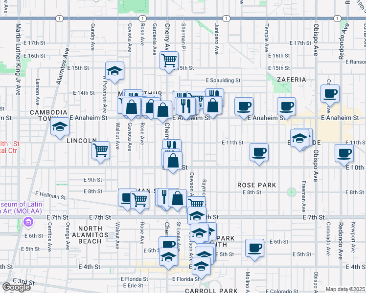 map of restaurants, bars, coffee shops, grocery stores, and more near 1059 Saint Louis Avenue in Long Beach