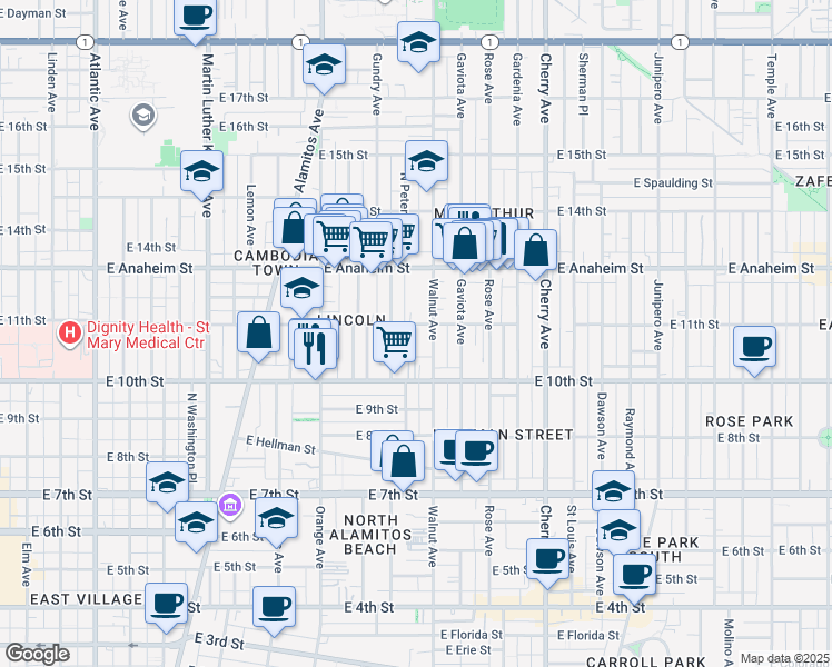 map of restaurants, bars, coffee shops, grocery stores, and more near 1503 East Sunshine Court in Long Beach