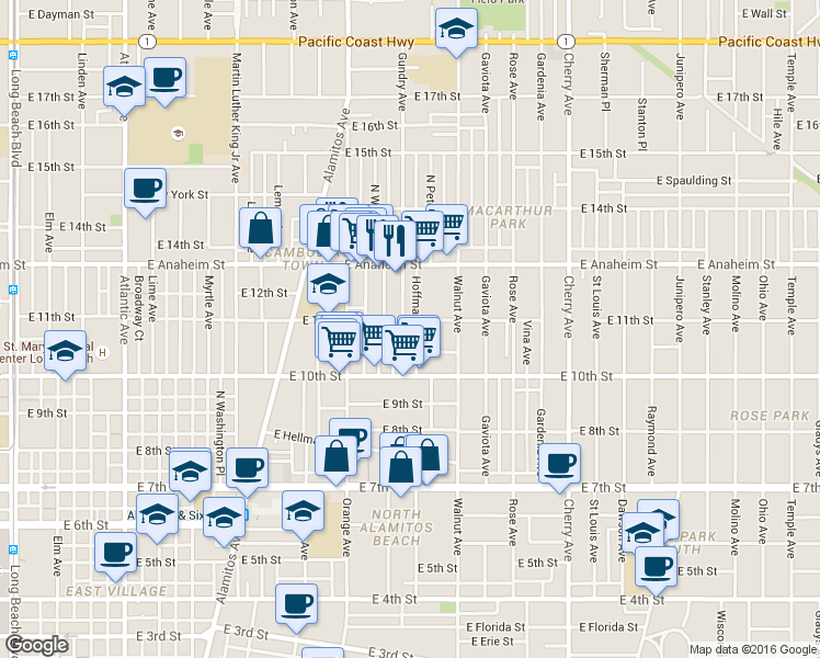 map of restaurants, bars, coffee shops, grocery stores, and more near 1048 Mahanna Avenue in Long Beach