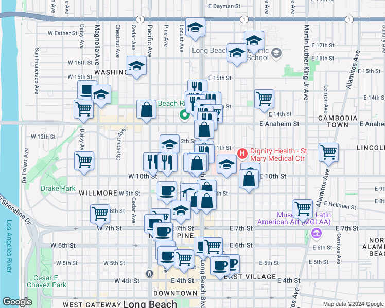 map of restaurants, bars, coffee shops, grocery stores, and more near 1050 Long Beach Boulevard in Long Beach