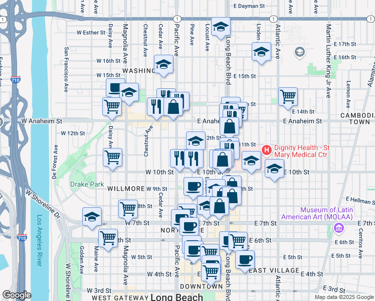 map of restaurants, bars, coffee shops, grocery stores, and more near 1055 Pine Avenue in Long Beach