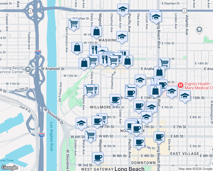 map of restaurants, bars, coffee shops, grocery stores, and more near 428 West 11th Street in Long Beach