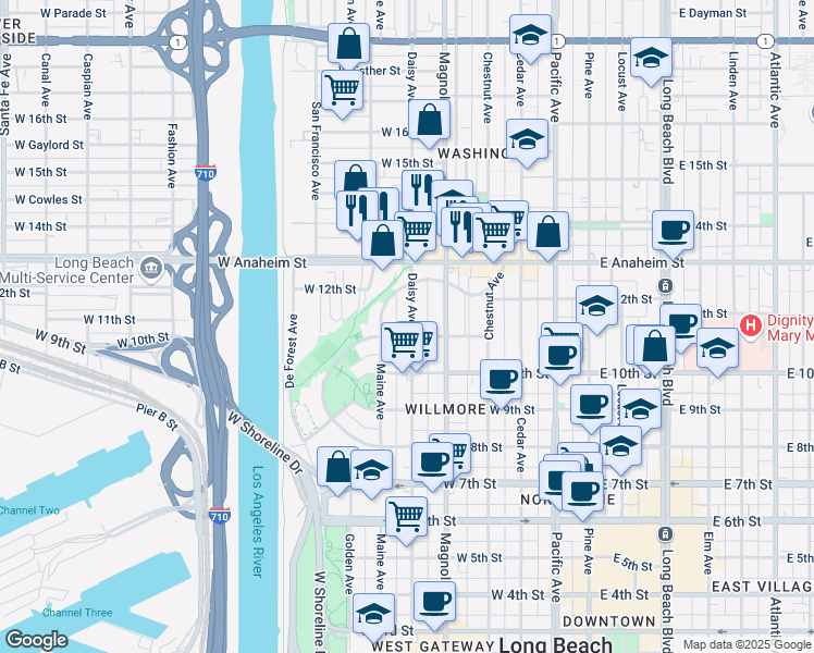 map of restaurants, bars, coffee shops, grocery stores, and more near 620 Nylic Court in Long Beach