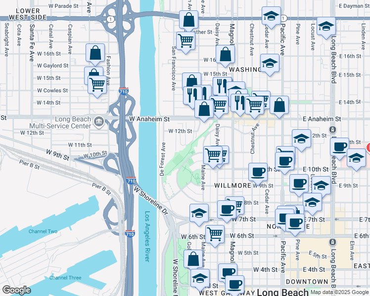 map of restaurants, bars, coffee shops, grocery stores, and more near 1099-1025 North Loma Vista Drive in Long Beach