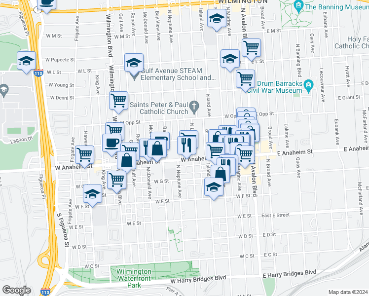 map of restaurants, bars, coffee shops, grocery stores, and more near 601 West Anaheim Street in Los Angeles