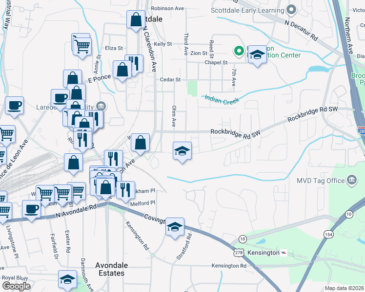 map of restaurants, bars, coffee shops, grocery stores, and more near 222 Third Avenue in Avondale Estates