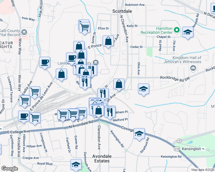 map of restaurants, bars, coffee shops, grocery stores, and more near 3043 Wells Street in Avondale Estates