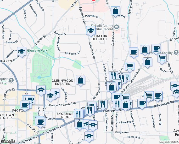 map of restaurants, bars, coffee shops, grocery stores, and more near 166 Ridgeland Avenue in Decatur