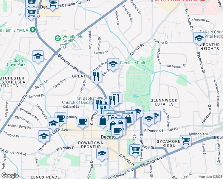 map of restaurants, bars, coffee shops, grocery stores, and more near 415 Clairemont Avenue in Decatur
