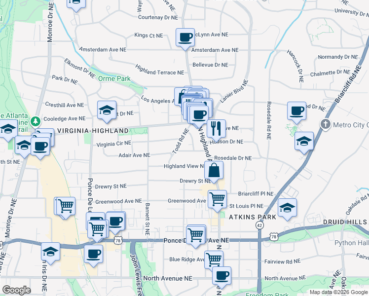 map of restaurants, bars, coffee shops, grocery stores, and more near 975 Adair Avenue Northeast in Atlanta