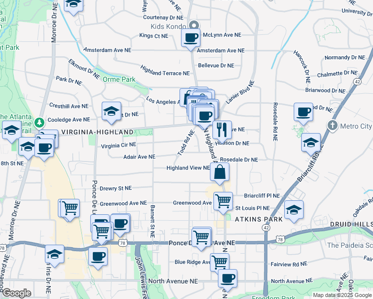 map of restaurants, bars, coffee shops, grocery stores, and more near 975 Adair Avenue Northeast in Atlanta