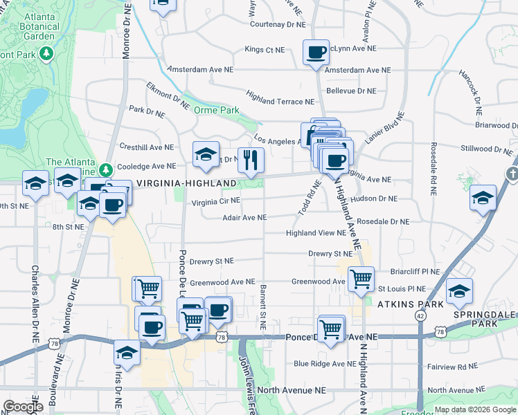 map of restaurants, bars, coffee shops, grocery stores, and more near 882 Adair Avenue Northeast in Atlanta