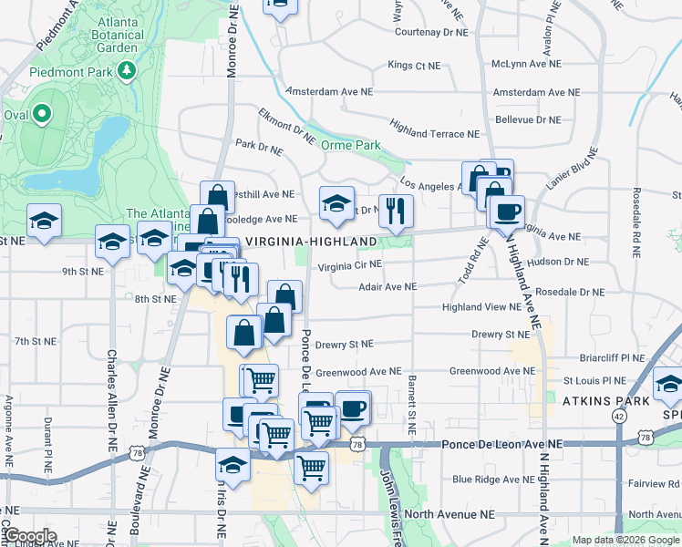 map of restaurants, bars, coffee shops, grocery stores, and more near 788 Adair Avenue Northeast in Atlanta