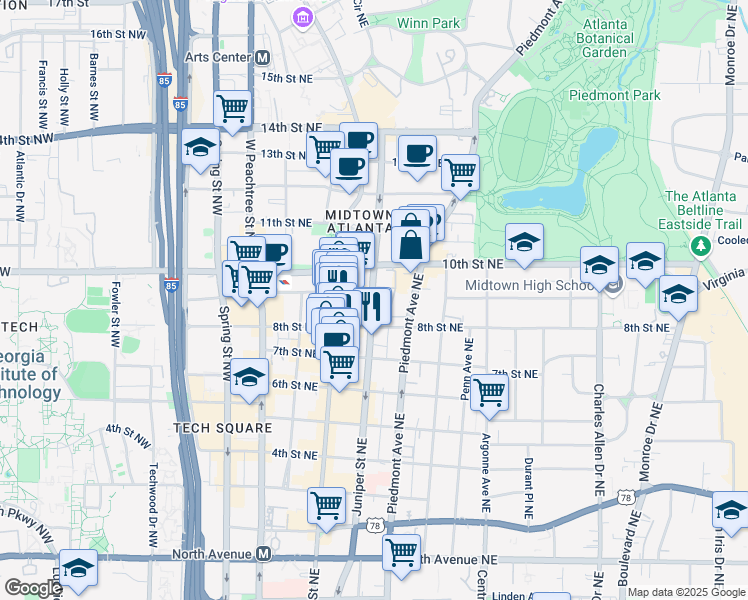 map of restaurants, bars, coffee shops, grocery stores, and more near 126 8th Street Northeast in Atlanta