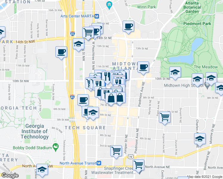 map of restaurants, bars, coffee shops, grocery stores, and more near 938 Peachtree Street Northeast in Atlanta