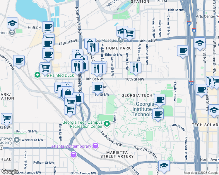 map of restaurants, bars, coffee shops, grocery stores, and more near 491 8th Street Northwest in Atlanta